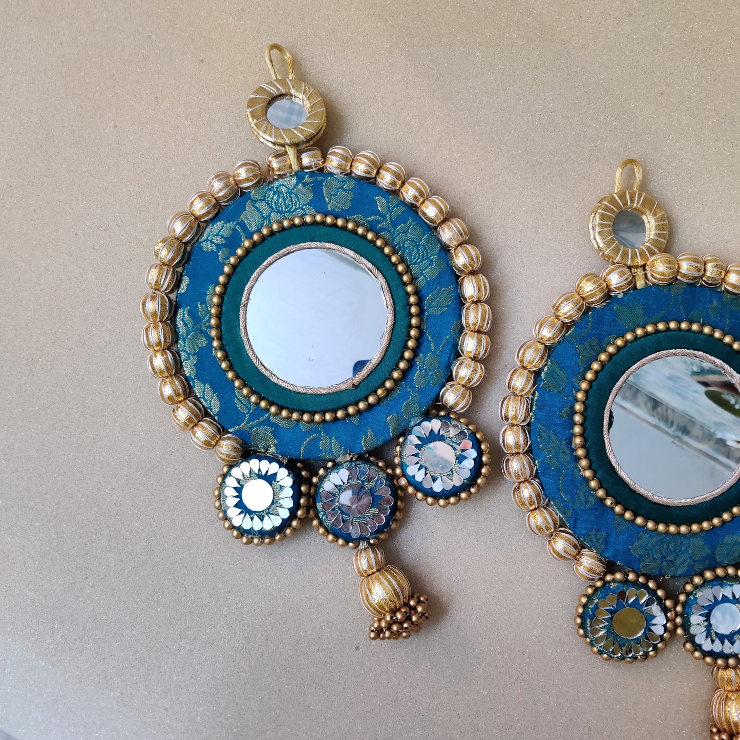 Mirrorwork Shubh labh hanging Pair -teal /Reversible / one side mirror