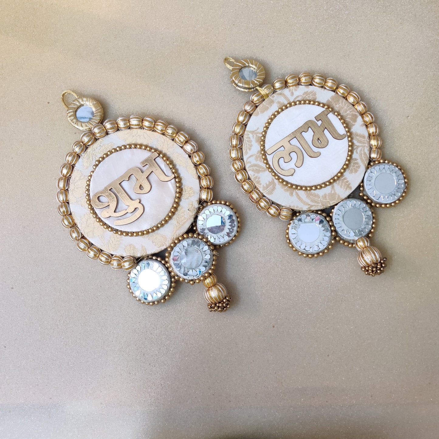 Mirrorwork Shubh labh hanging Pair - white and gold / Pair /Reversible / one side mirror