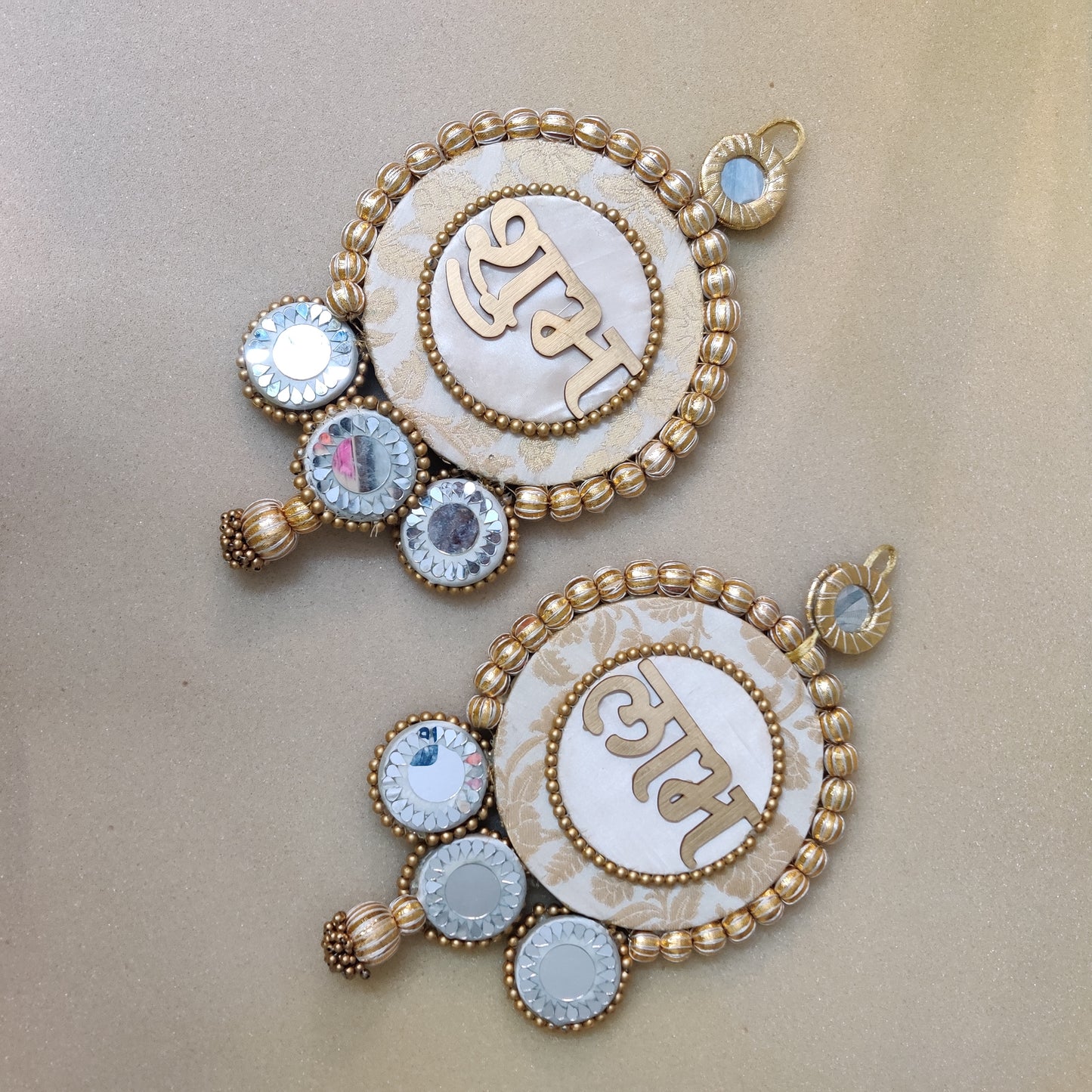 Mirrorwork Shubh labh hanging Pair - white and gold / Pair /Reversible / one side mirror