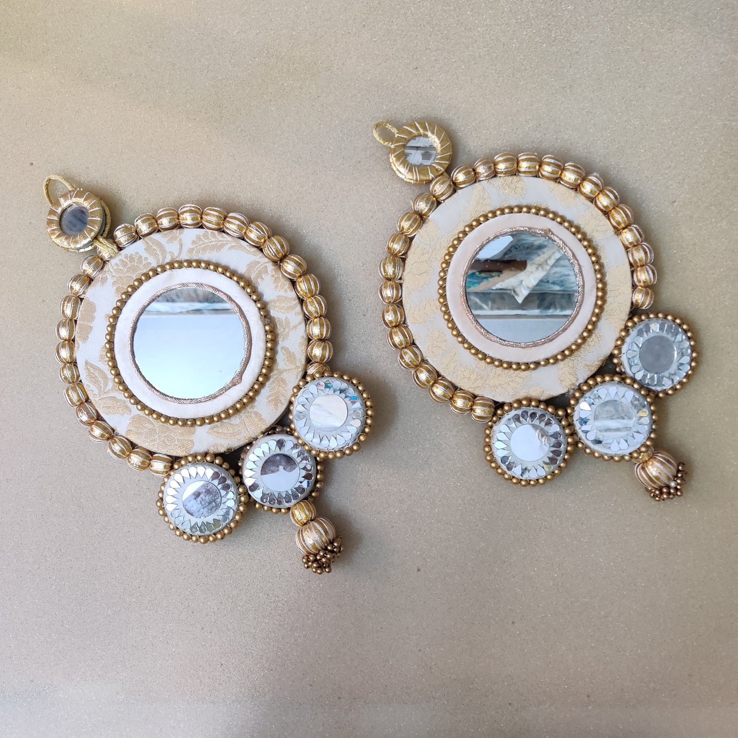 Mirrorwork Shubh labh hanging Pair - white and gold / Pair /Reversible / one side mirror