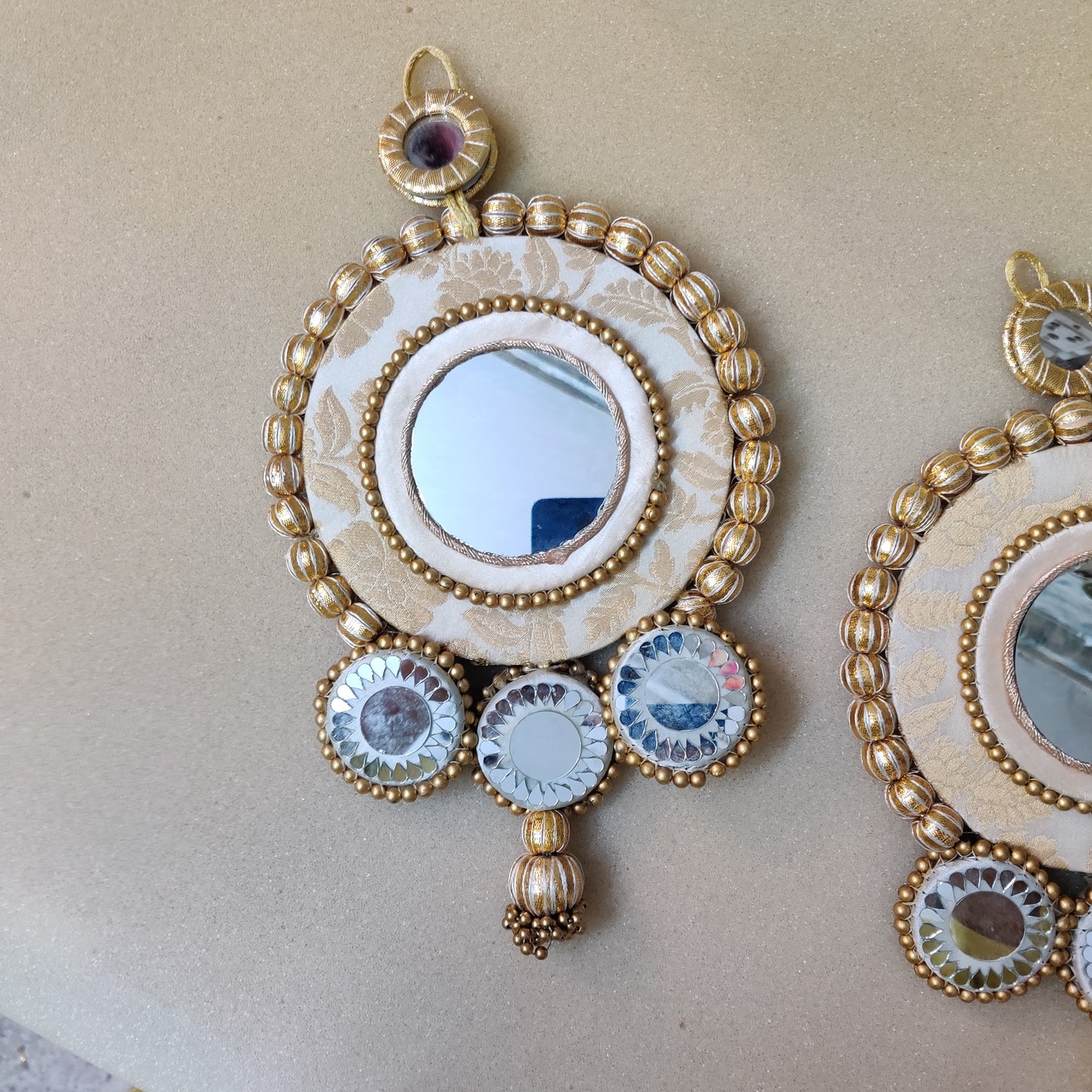 Mirrorwork Shubh labh hanging Pair - white and gold / Pair /Reversible / one side mirror