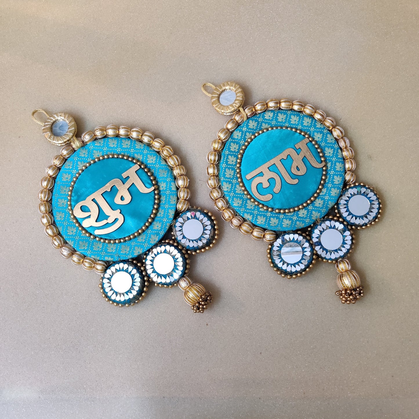 Mirrorwork Shubh labh hanging Pair - sky blue / Pair /Reversible / one side mirror