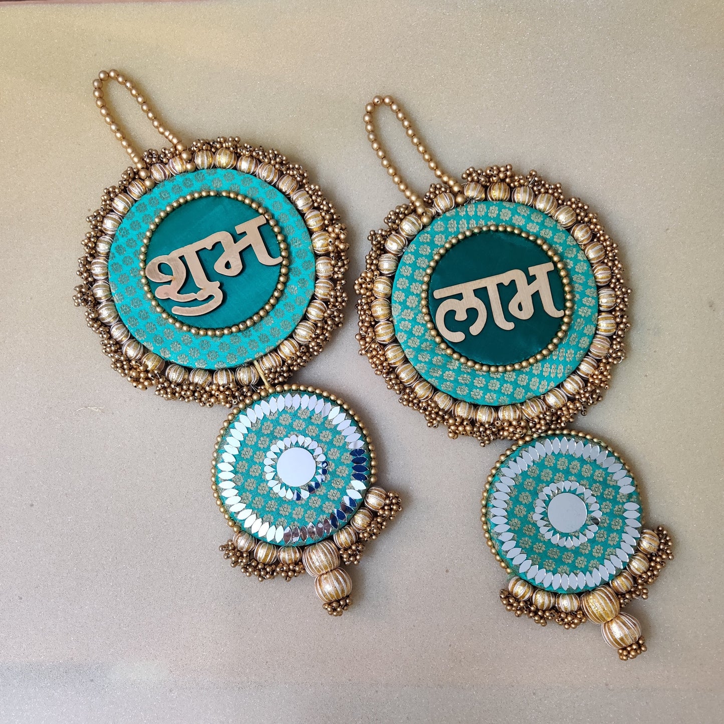 Mirrorwork long Shubh labh hanging Pair - sea green / Pair /Reversible / one side mirror