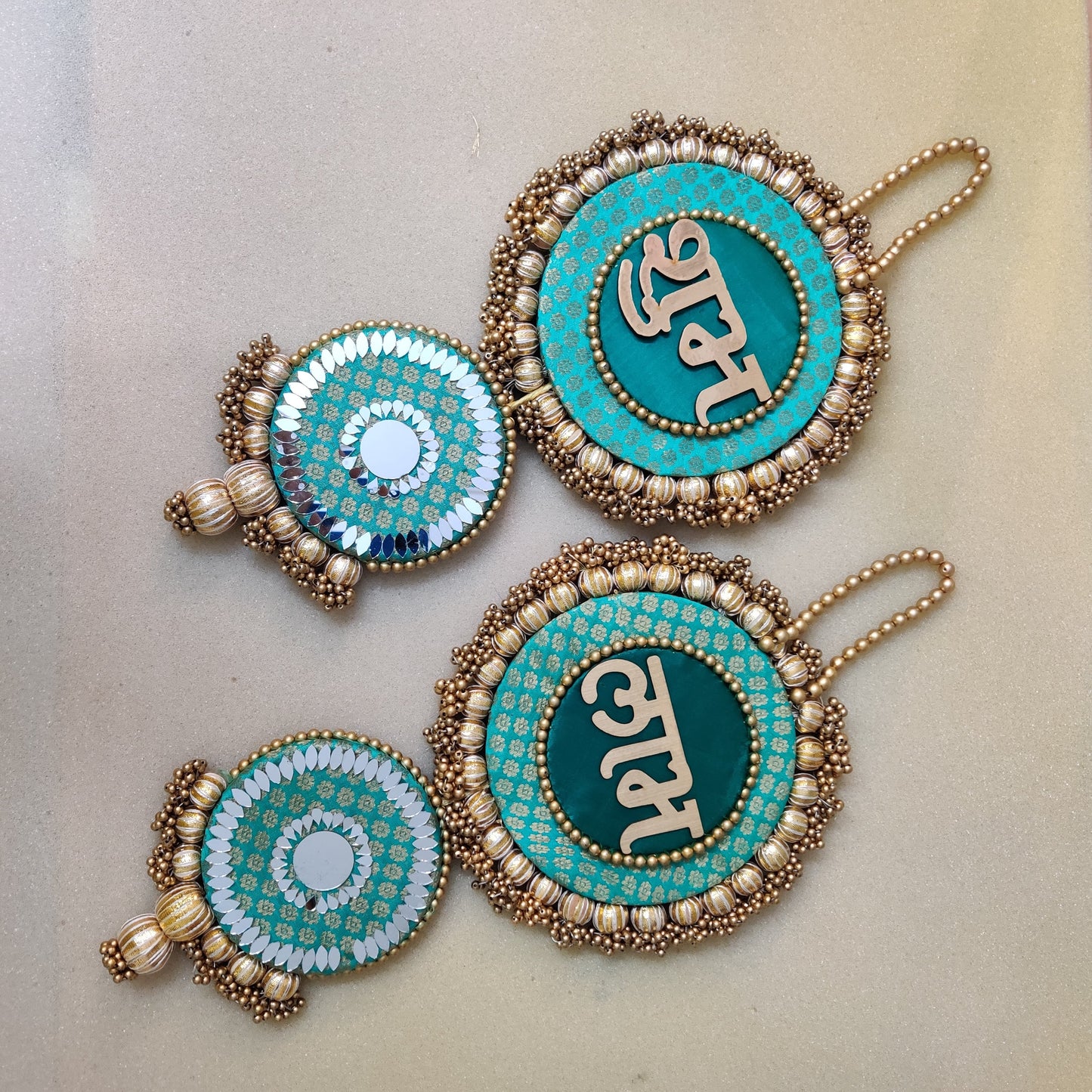 Mirrorwork long Shubh labh hanging Pair - sea green / Pair /Reversible / one side mirror