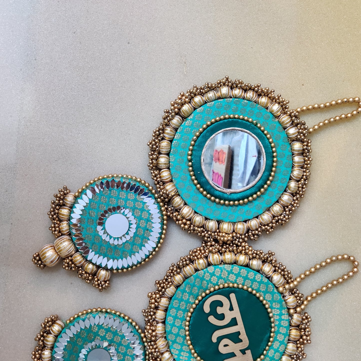 Mirrorwork long Shubh labh hanging Pair - sea green / Pair /Reversible / one side mirror