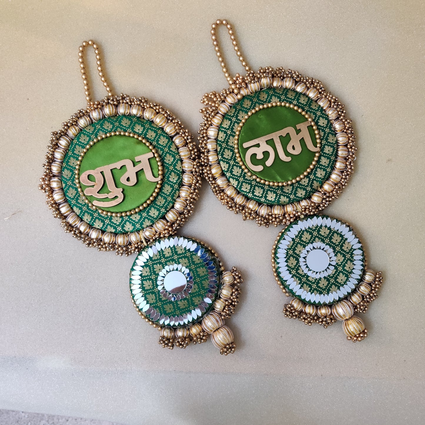 Mirrorwork long Shubh labh hanging Pair - Green / Pair /Reversible / one side mirror