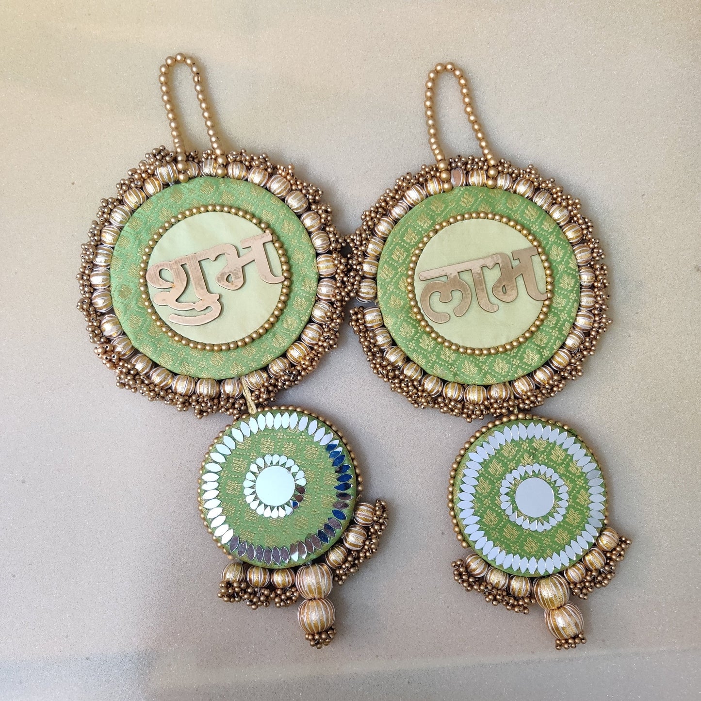 Mirrorwork long Shubh labh hanging Pair - Green/ pistachio green / Pair /Reversible / one side mirror