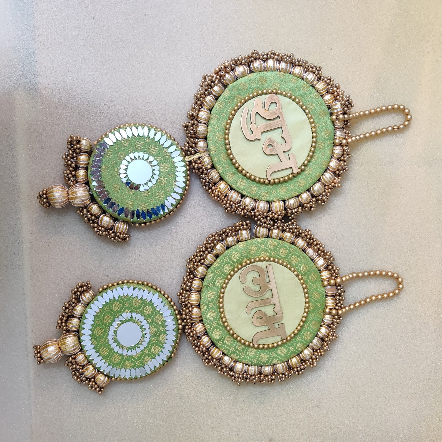 Mirrorwork long Shubh labh hanging Pair - Green/ pistachio green / Pair /Reversible / one side mirror