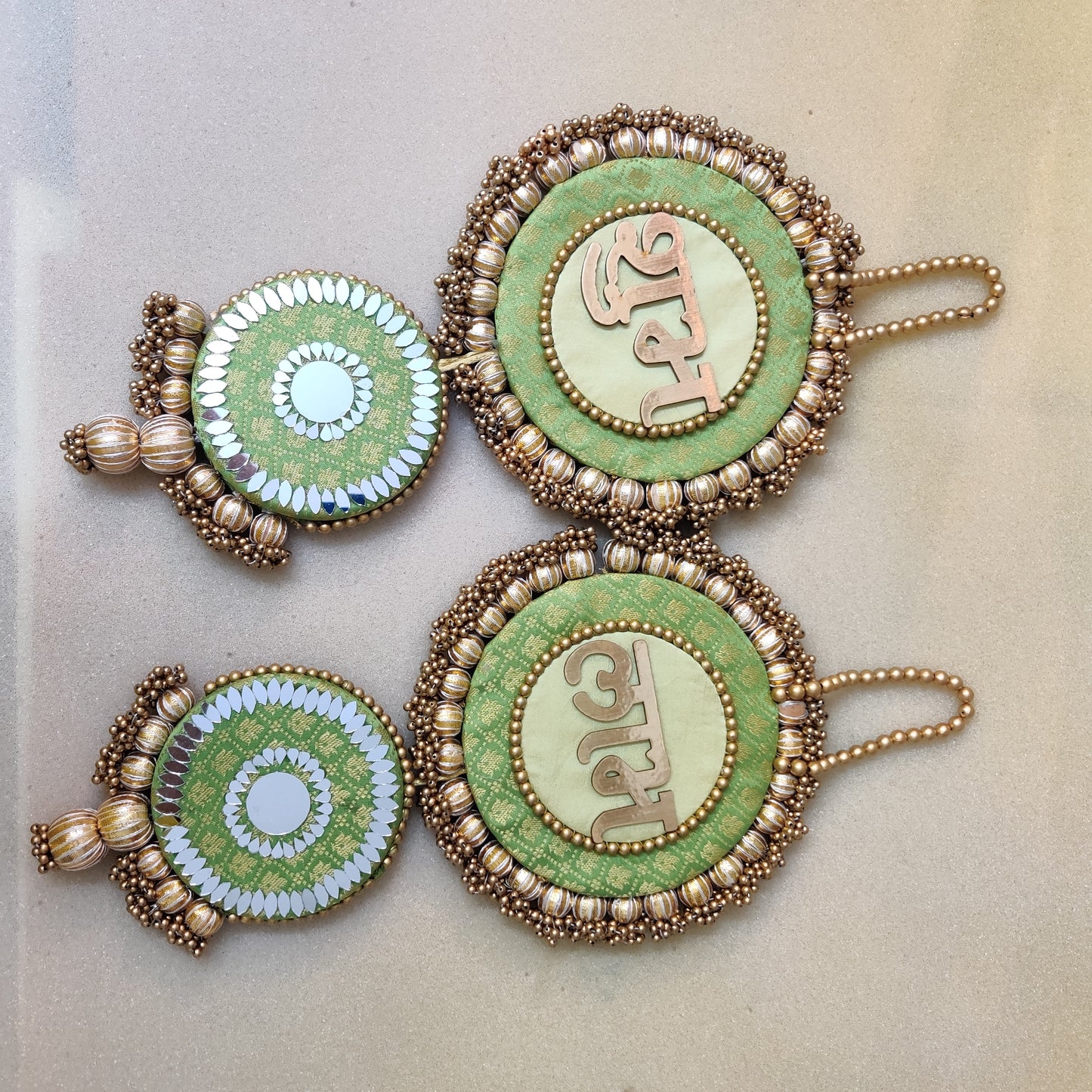 Mirrorwork long Shubh labh hanging Pair - Green/ pistachio green / Pair /Reversible / one side mirror