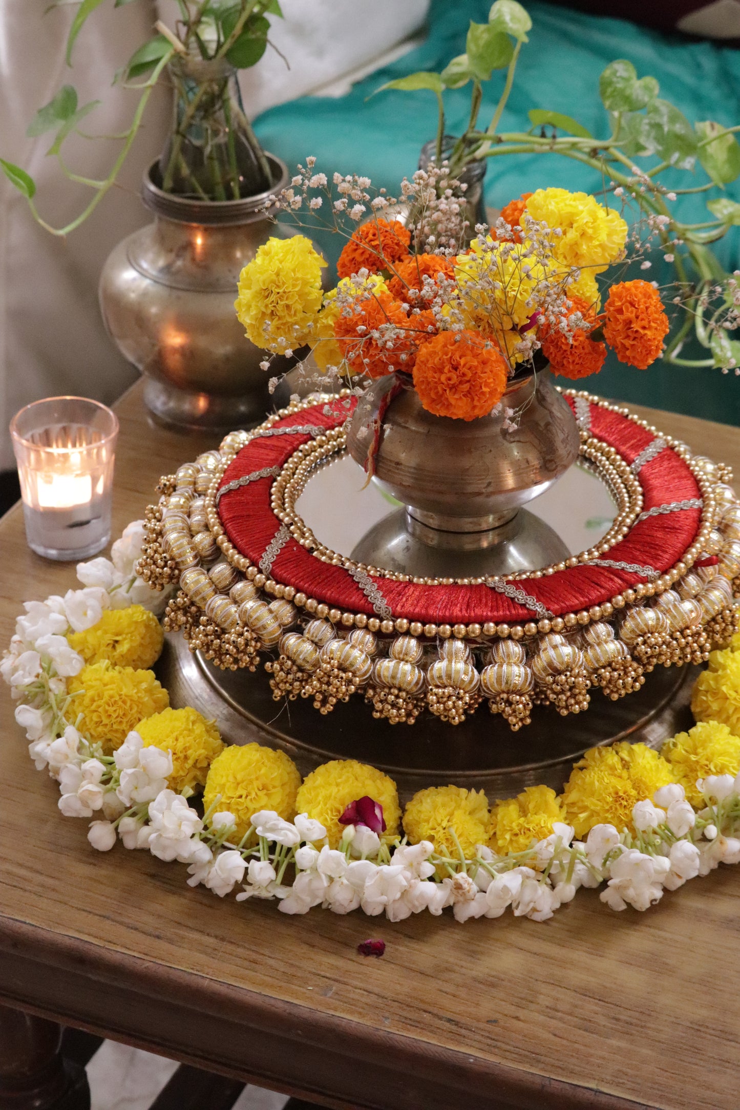 Shubh kalash- Coffee Table Decor Set –Red and Gold Festive Centerpiece
