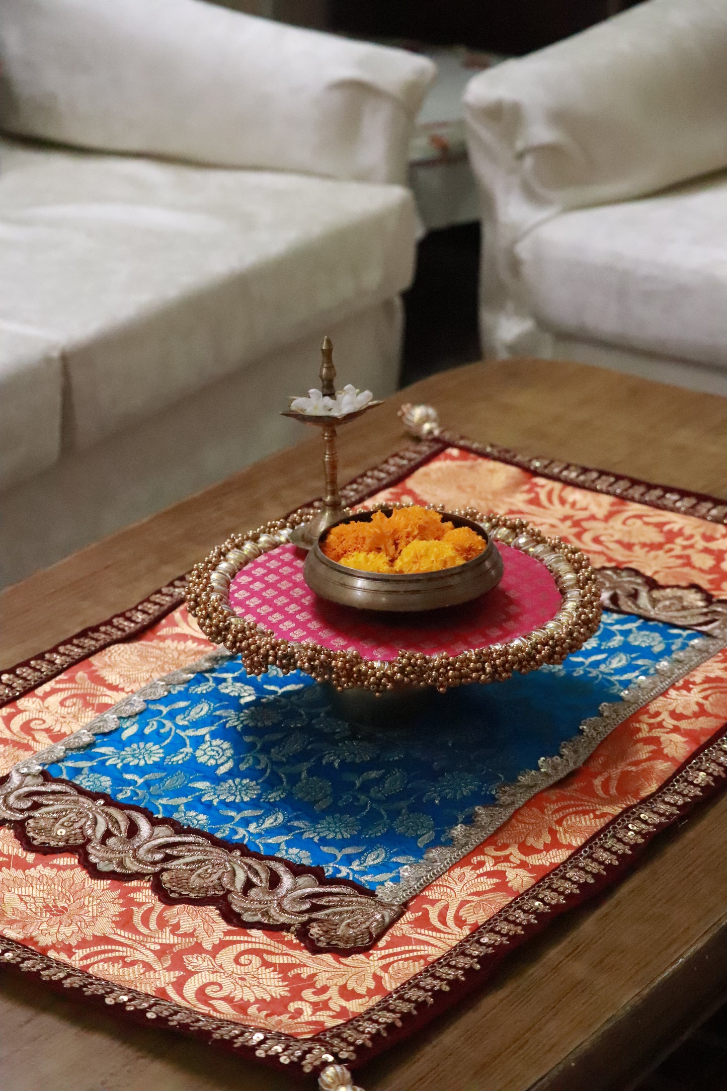 Embroided Banarasi Table runner - Orange and teal color