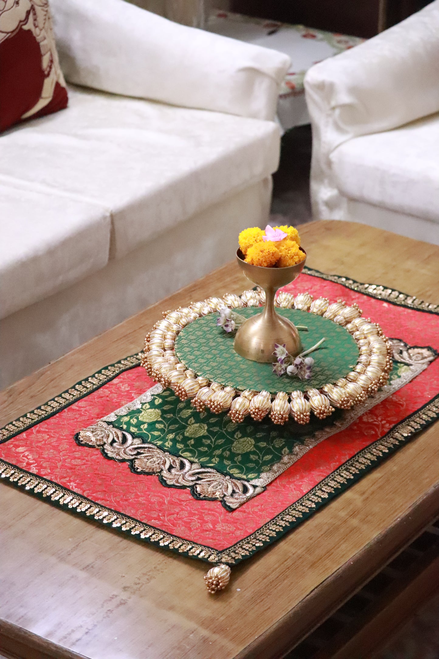 Embroided Banarasi Table runner - Red and green