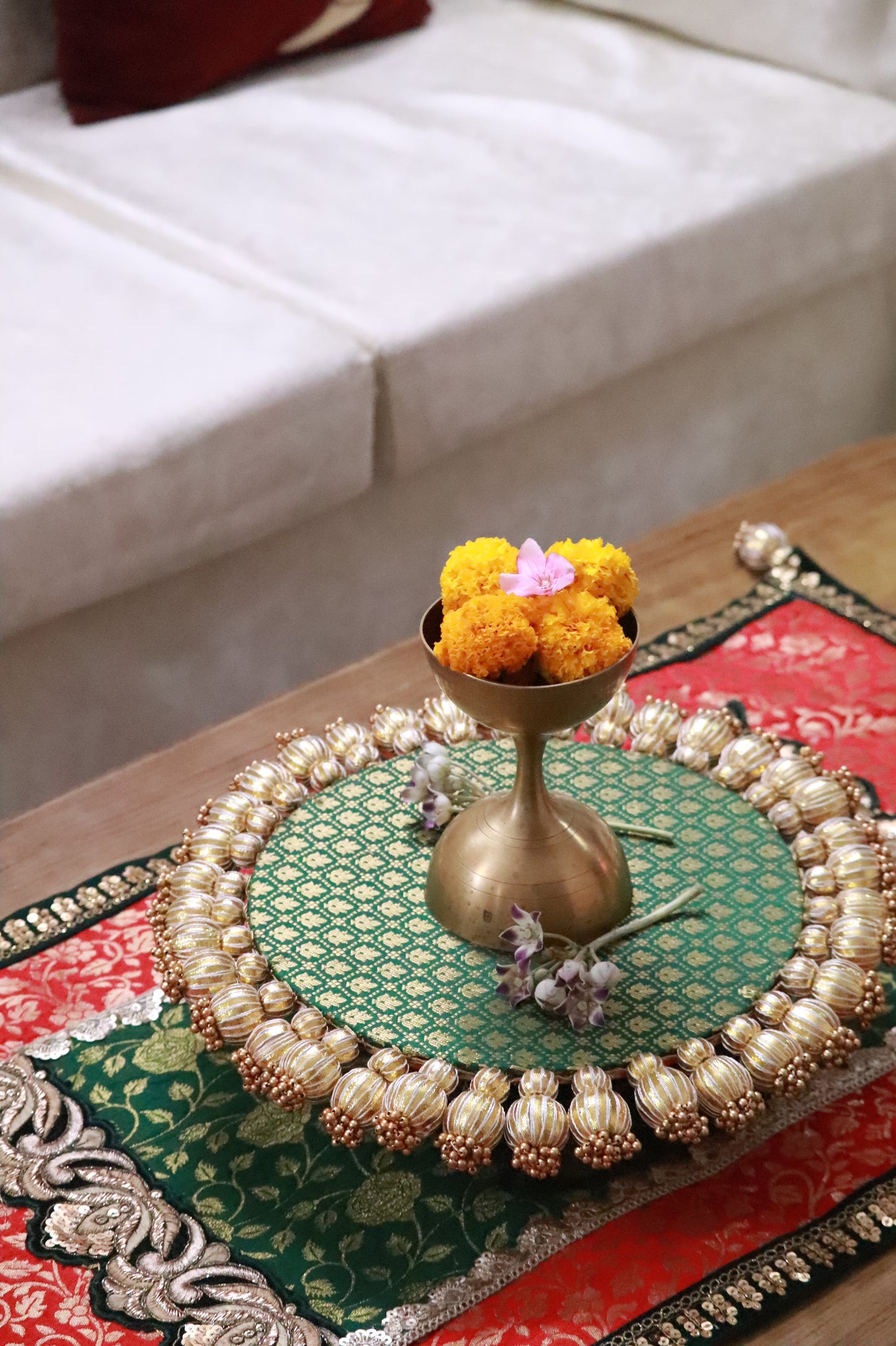 Embroided Banarasi Table runner - Red and green
