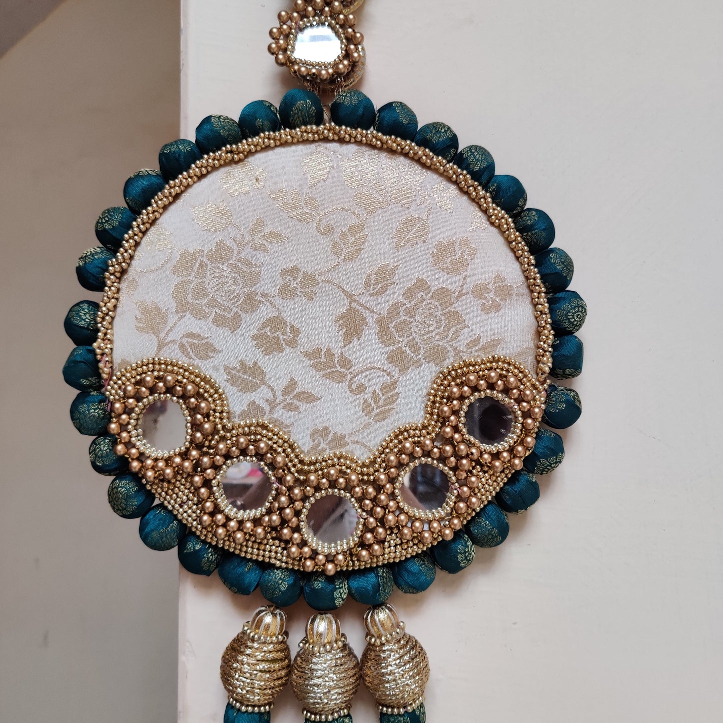 mirrorwork wall hanging - Aina - white and teal color