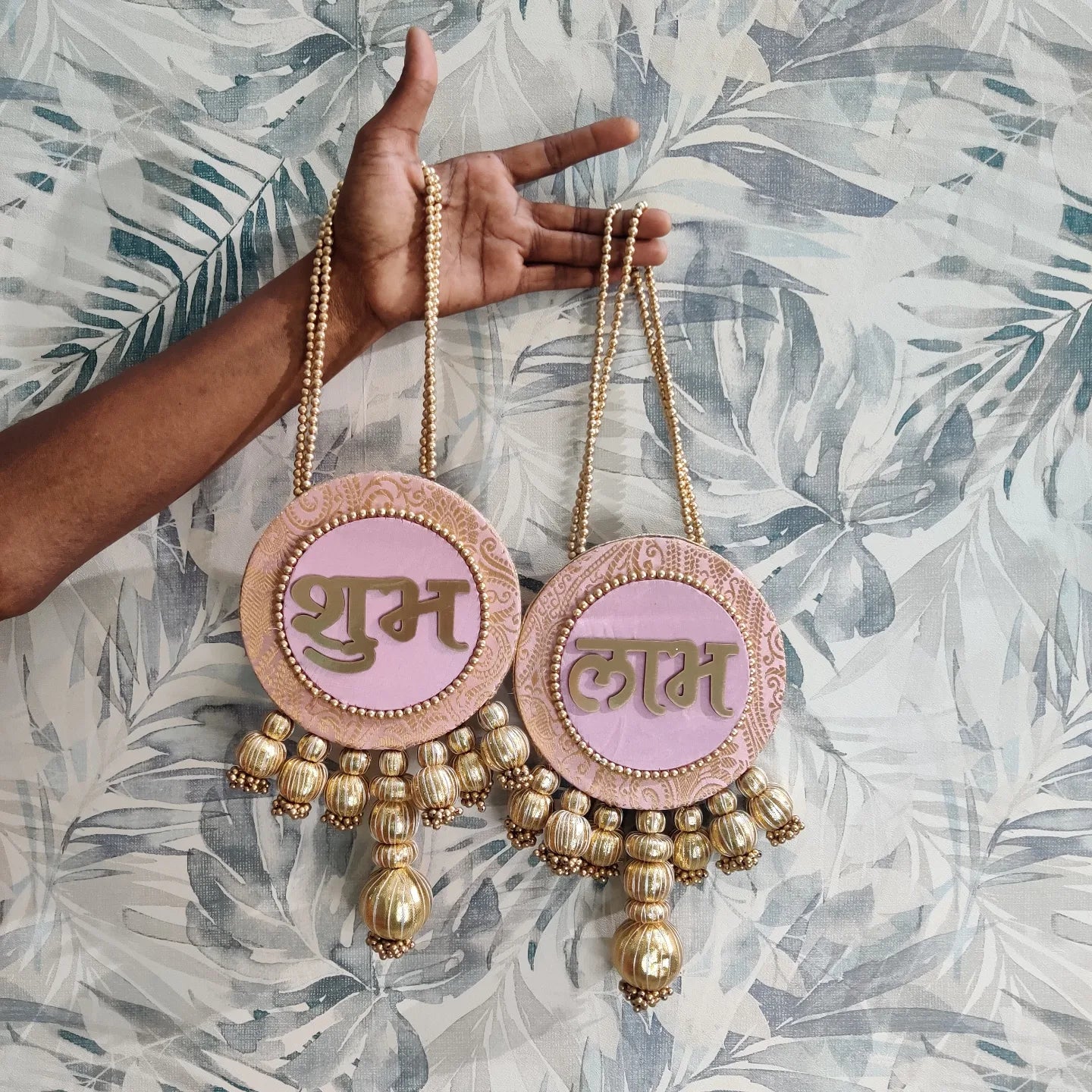 Shubh labh hanging Pair -Pastel pink /Reversible / one side mirror