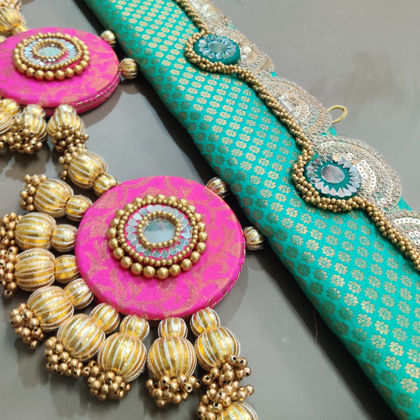 Exclusive - Ardhchandrama or Circular pendant Toran - Cyan Gulabi - small motifs brocade toran