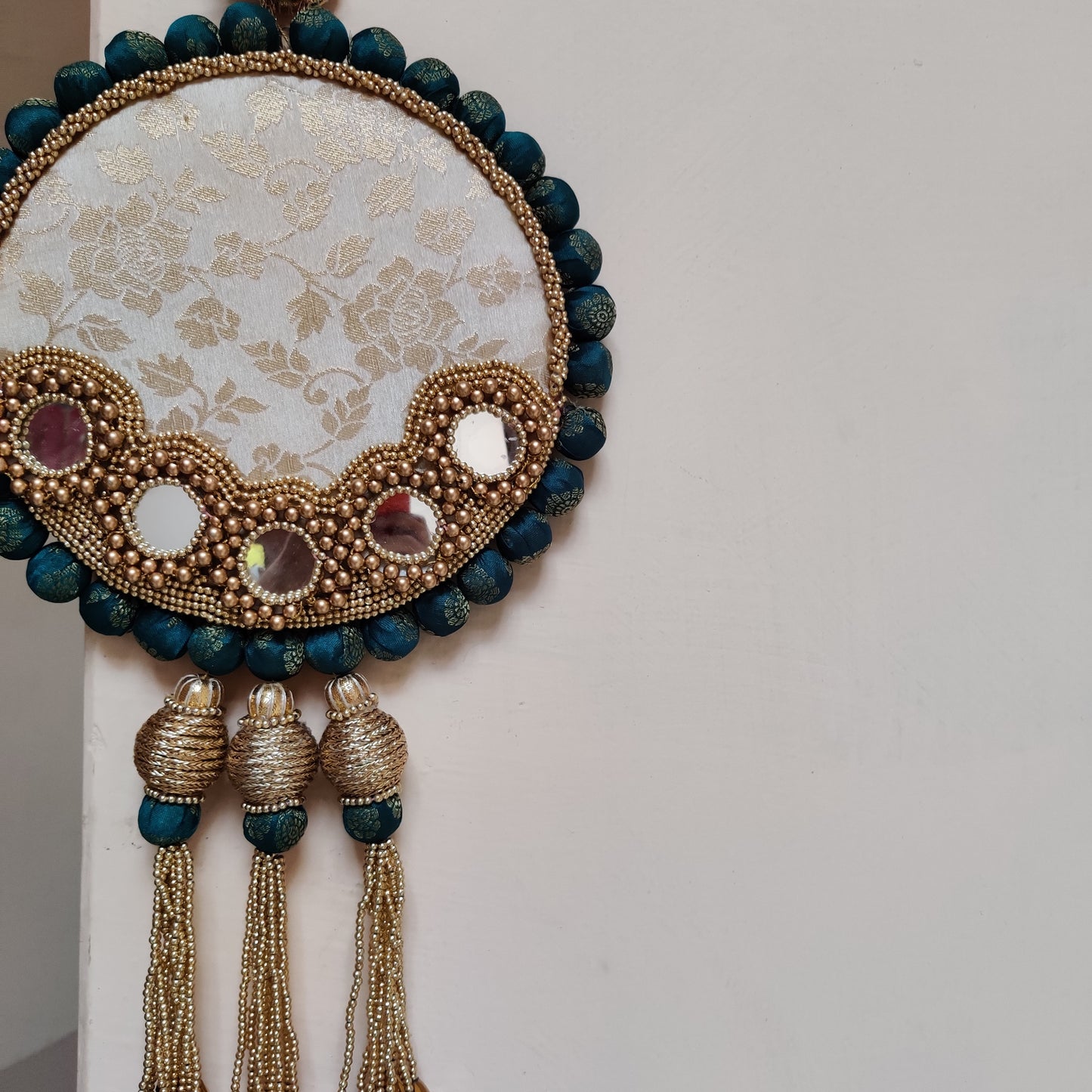 mirrorwork wall hanging - Aina - white and teal color