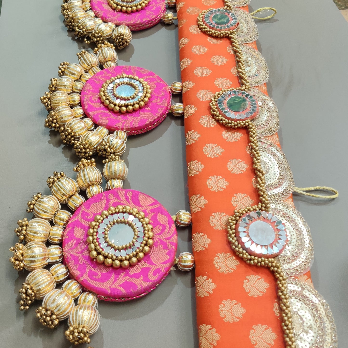 Exclusive - Ardhchandrama or Circular pendant Toran - Orange gulabi - small motifs brocade toran