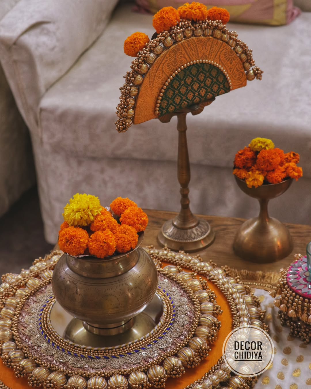 Kolam Mangalam – Yellow & Gold Coffee Table Decor | Traditional Pooja Placemats Set