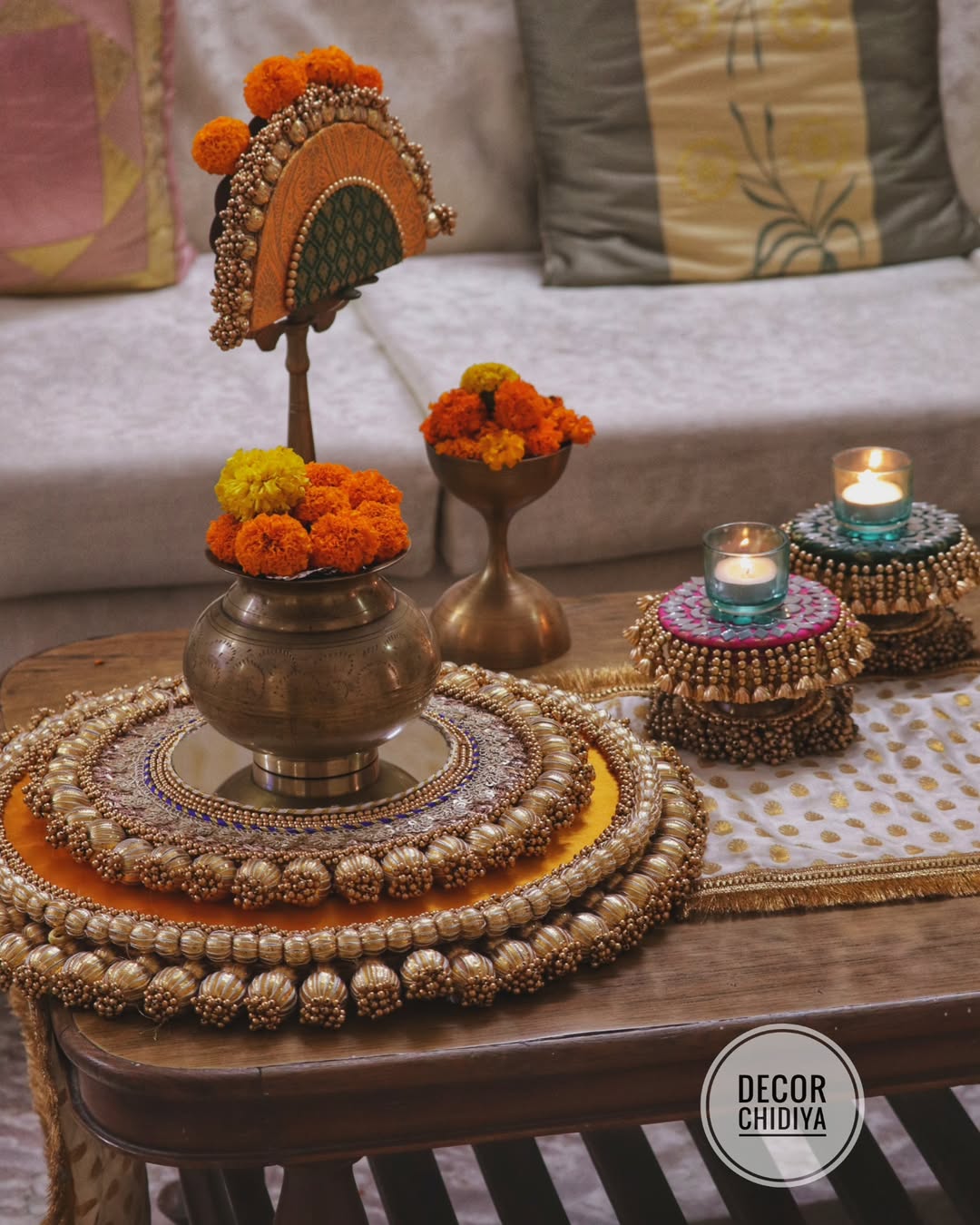 Kolam Mangalam – Yellow & Gold Coffee Table Decor | Traditional Pooja Placemats Set