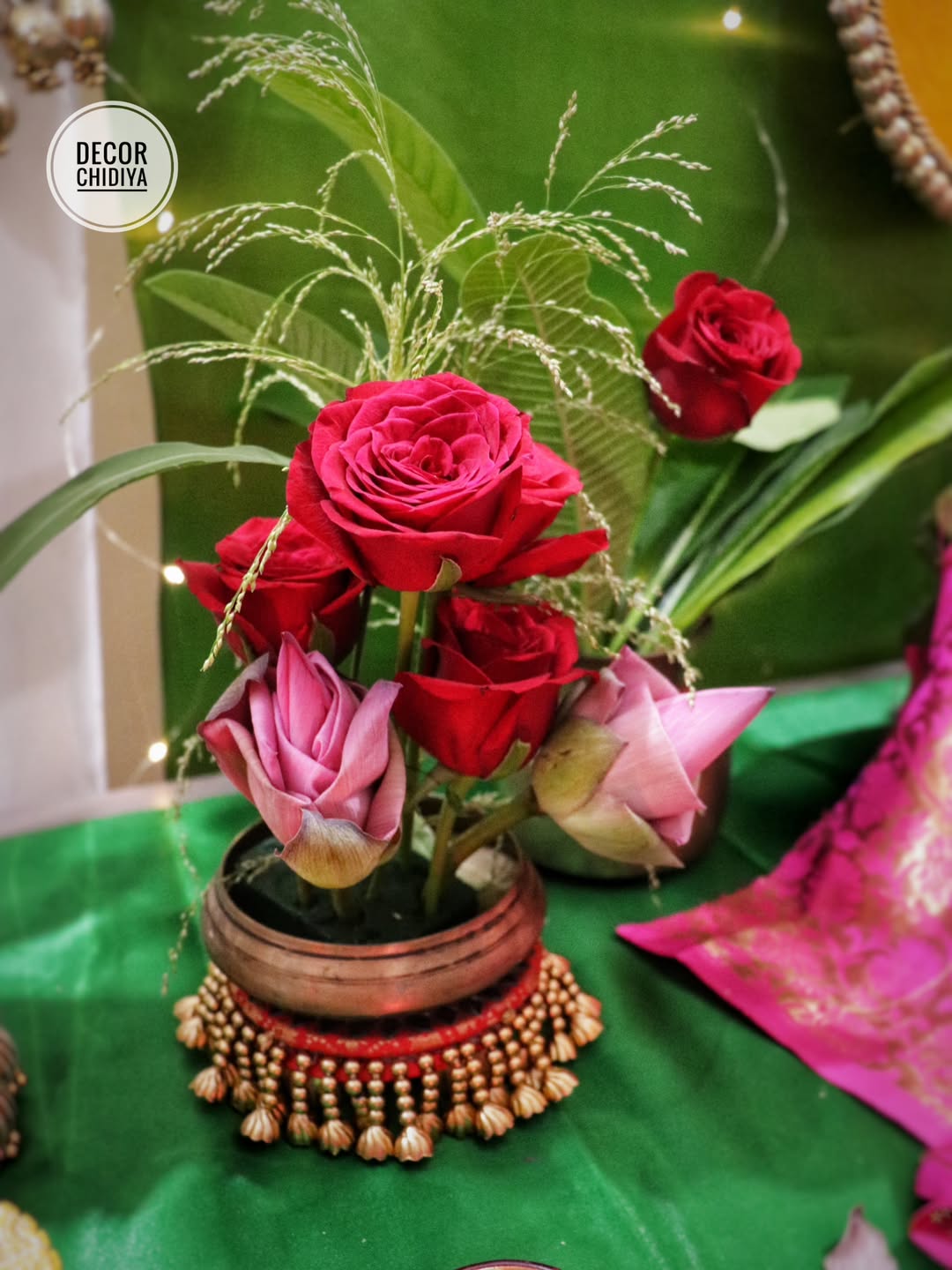 Padma - Varlakshmi Decor Set with Pooja Mandap – Traditional Pink & Green Festive Setup for Home Pooja