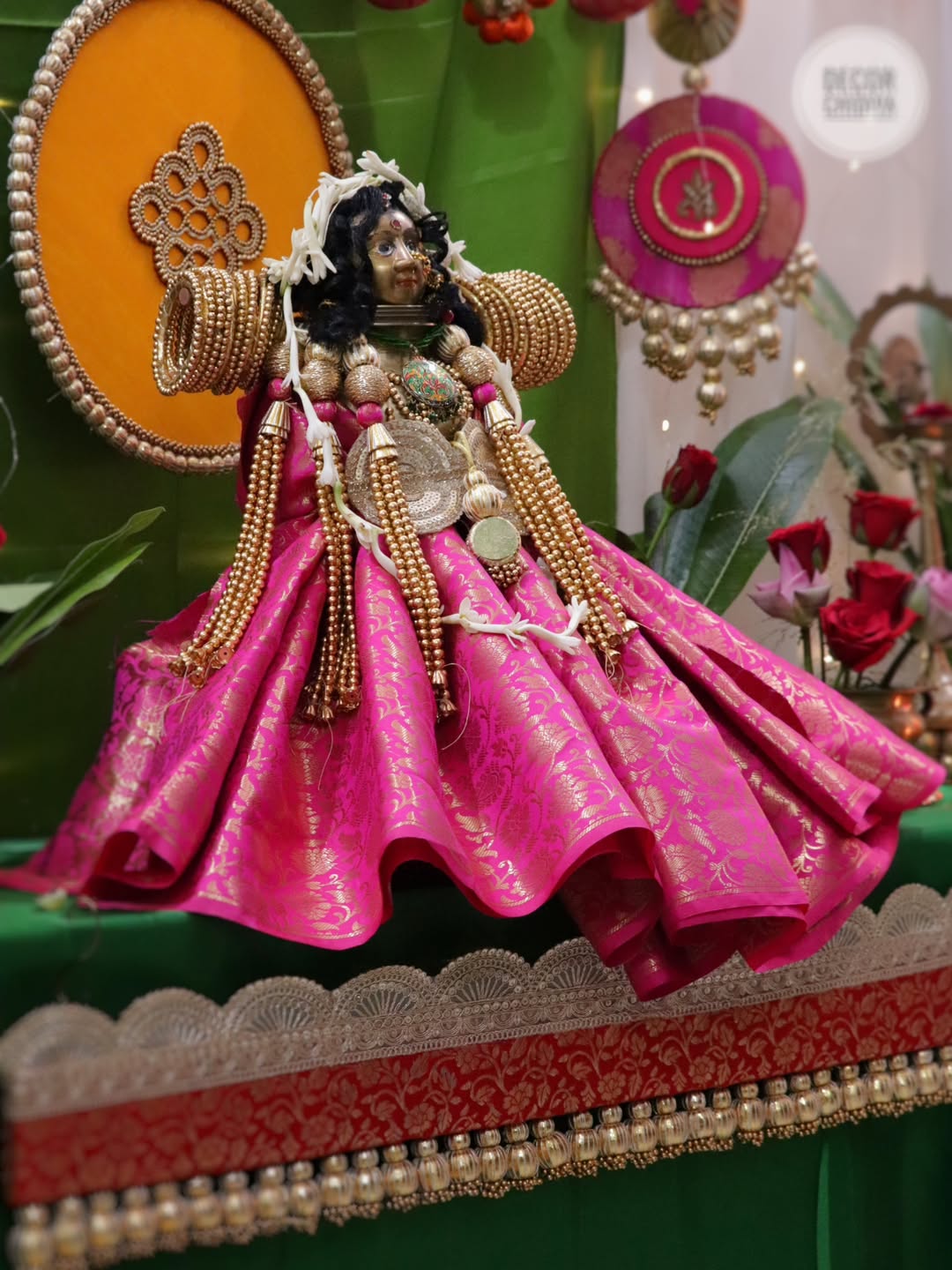 Padma - Varlakshmi Decor Set with Pooja Mandap – Traditional Pink & Green Festive Setup for Home Pooja