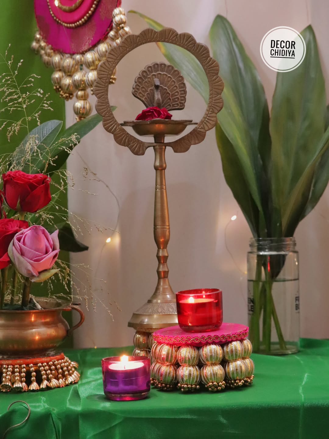 Padma - Varlakshmi Decor Set with Pooja Mandap – Traditional Pink & Green Festive Setup for Home Pooja