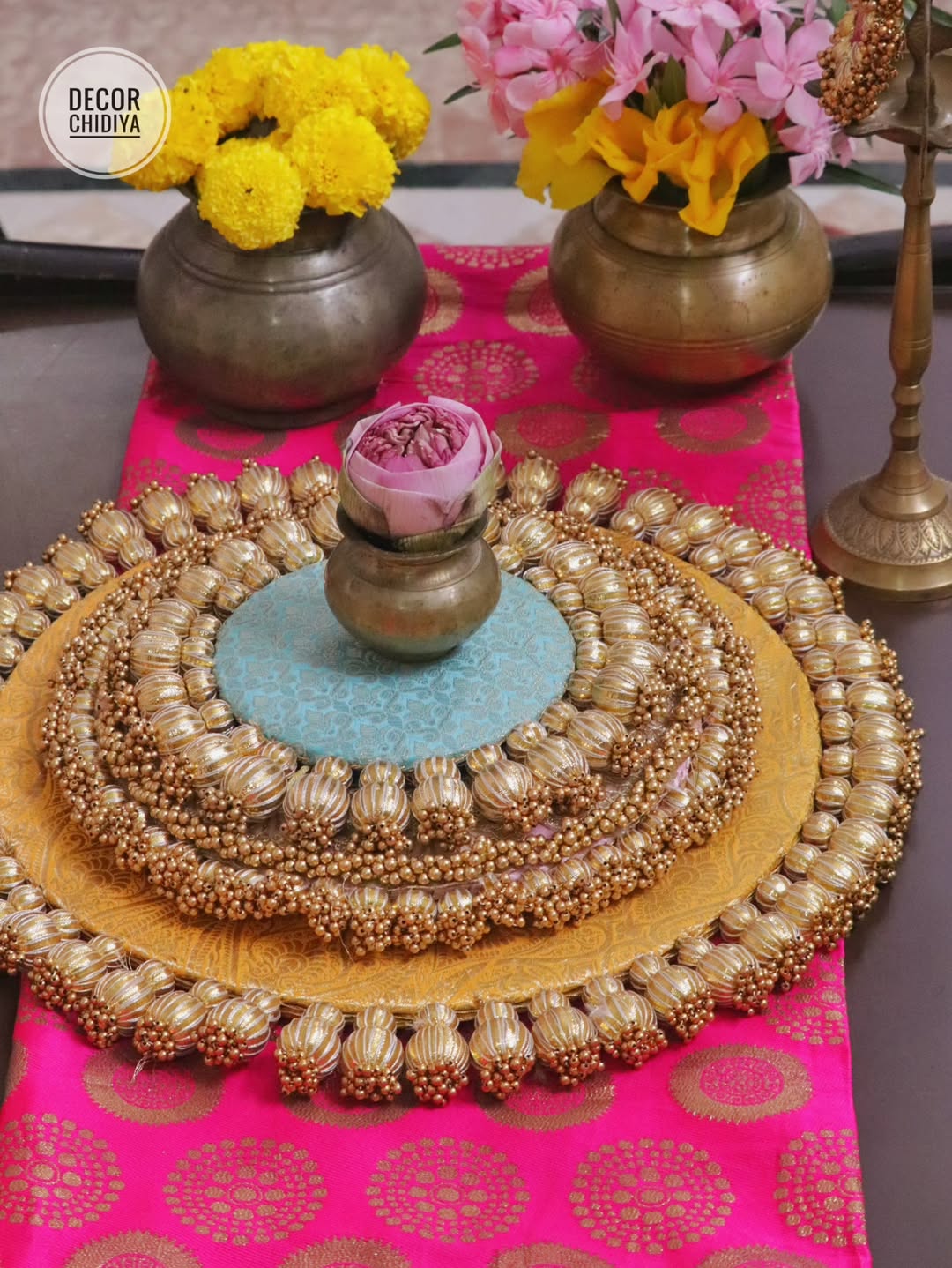 Satrang – Yellow & firozi Coffee Table Decor | Traditional Pooja Placemats Set