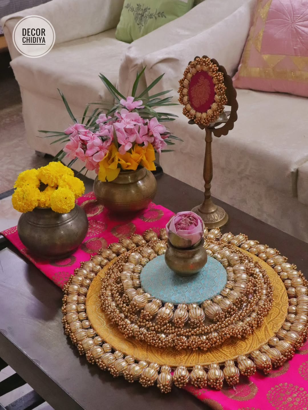 Satrang – Yellow & firozi Coffee Table Decor | Traditional Pooja Placemats Set