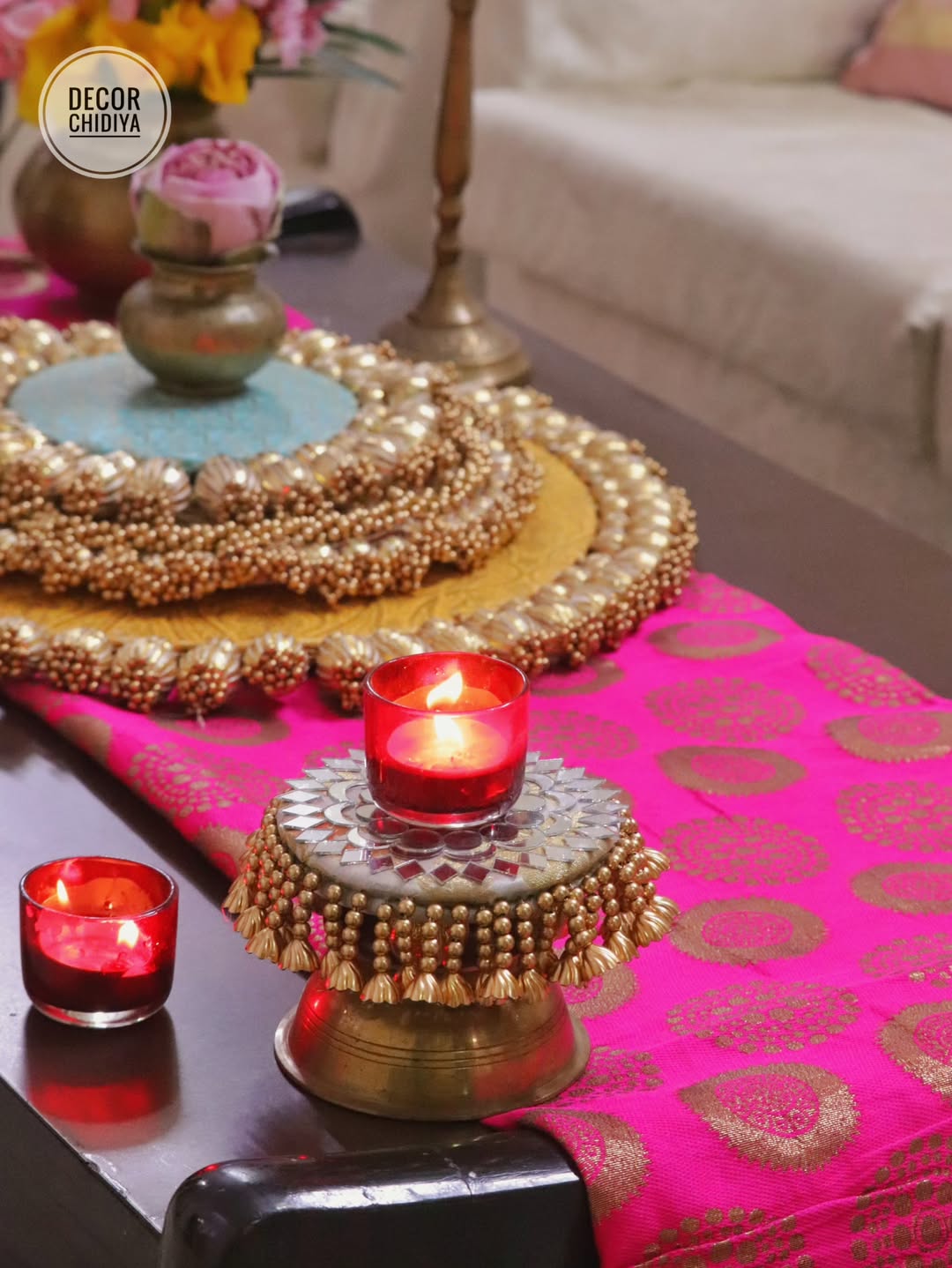 Satrang – Yellow & firozi Coffee Table Decor | Traditional Pooja Placemats Set