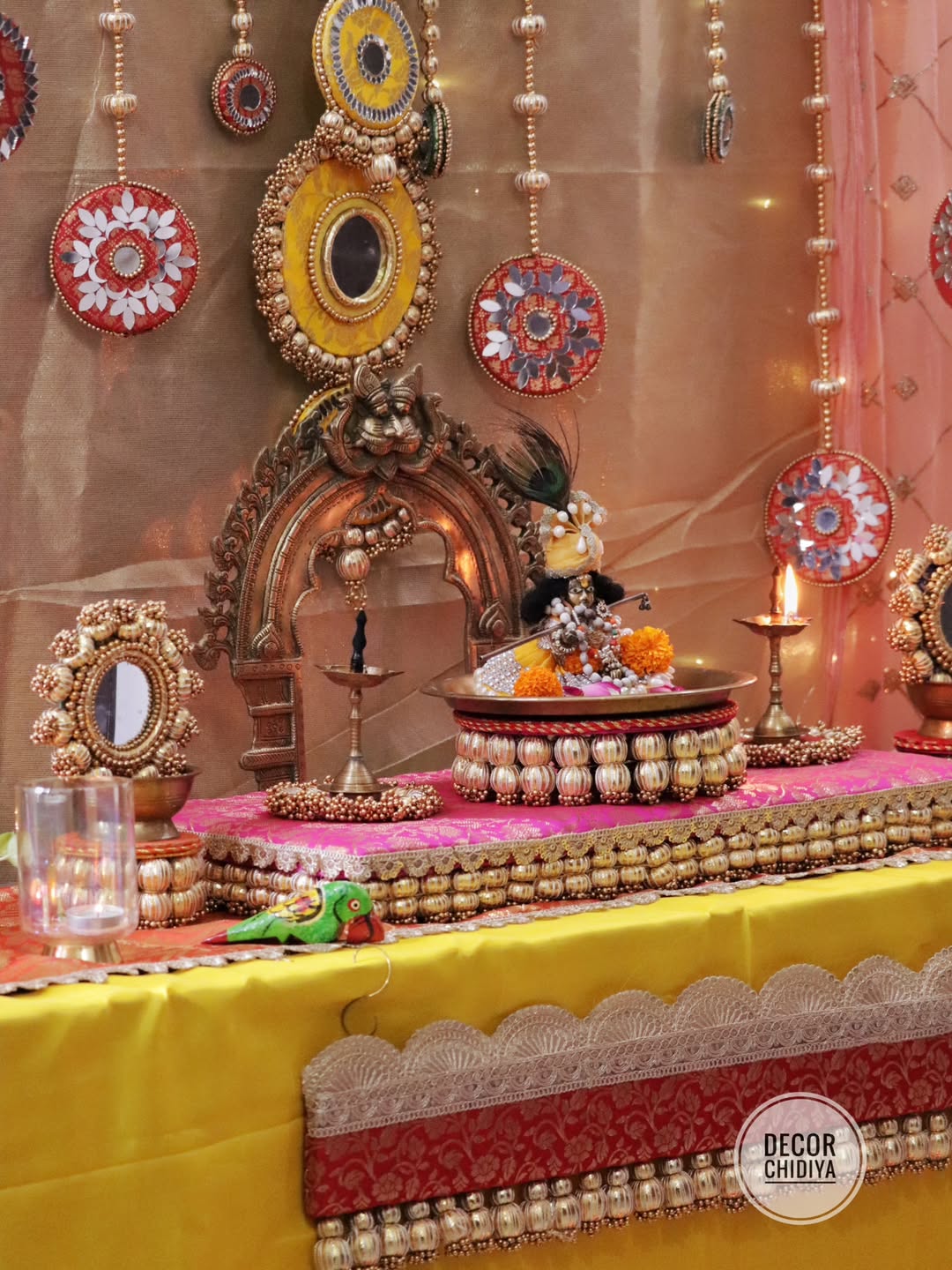 Surya Mandap - Royal Mirrorwork Pooja Decor Set – Handcrafted Traditional Backdrop & Table Styling