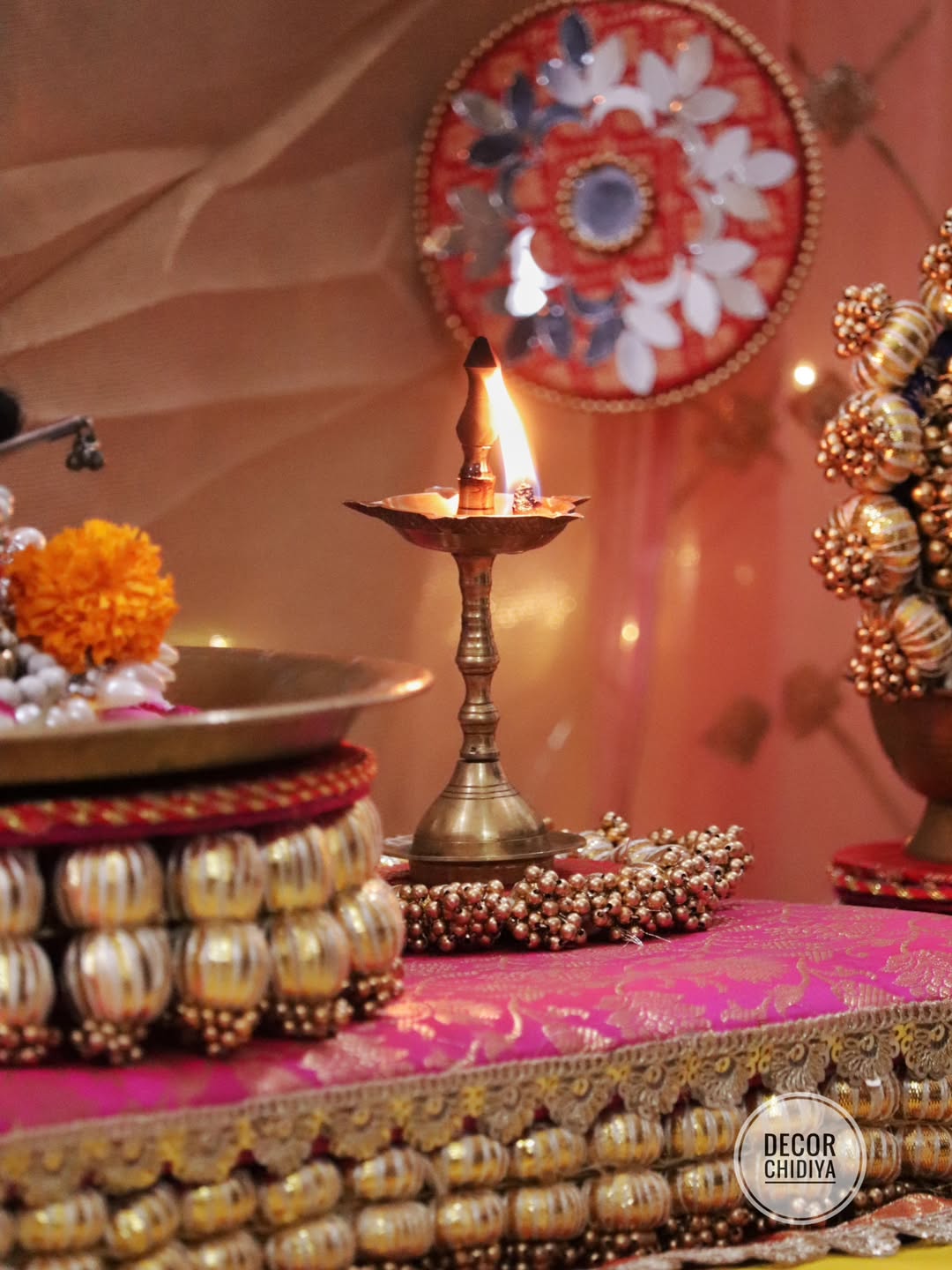 Surya Mandap - Royal Mirrorwork Pooja Decor Set – Handcrafted Traditional Backdrop & Table Styling