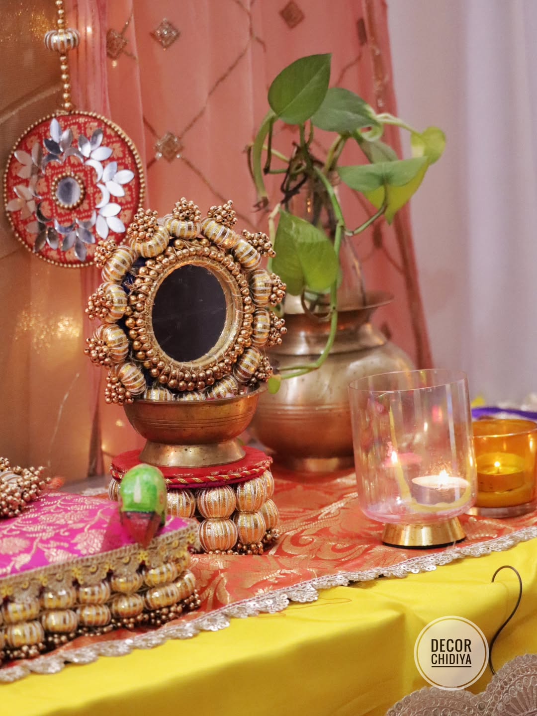 Surya Mandap - Royal Mirrorwork Pooja Decor Set – Handcrafted Traditional Backdrop & Table Styling