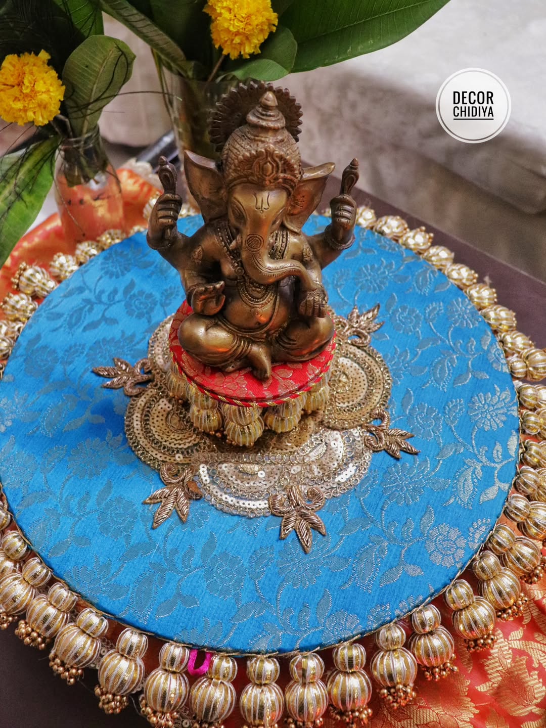 Mandala Coffee Table Decor Set – Orange & Blue Placemat, Runner | Handmade Festive & Pooja Styling
