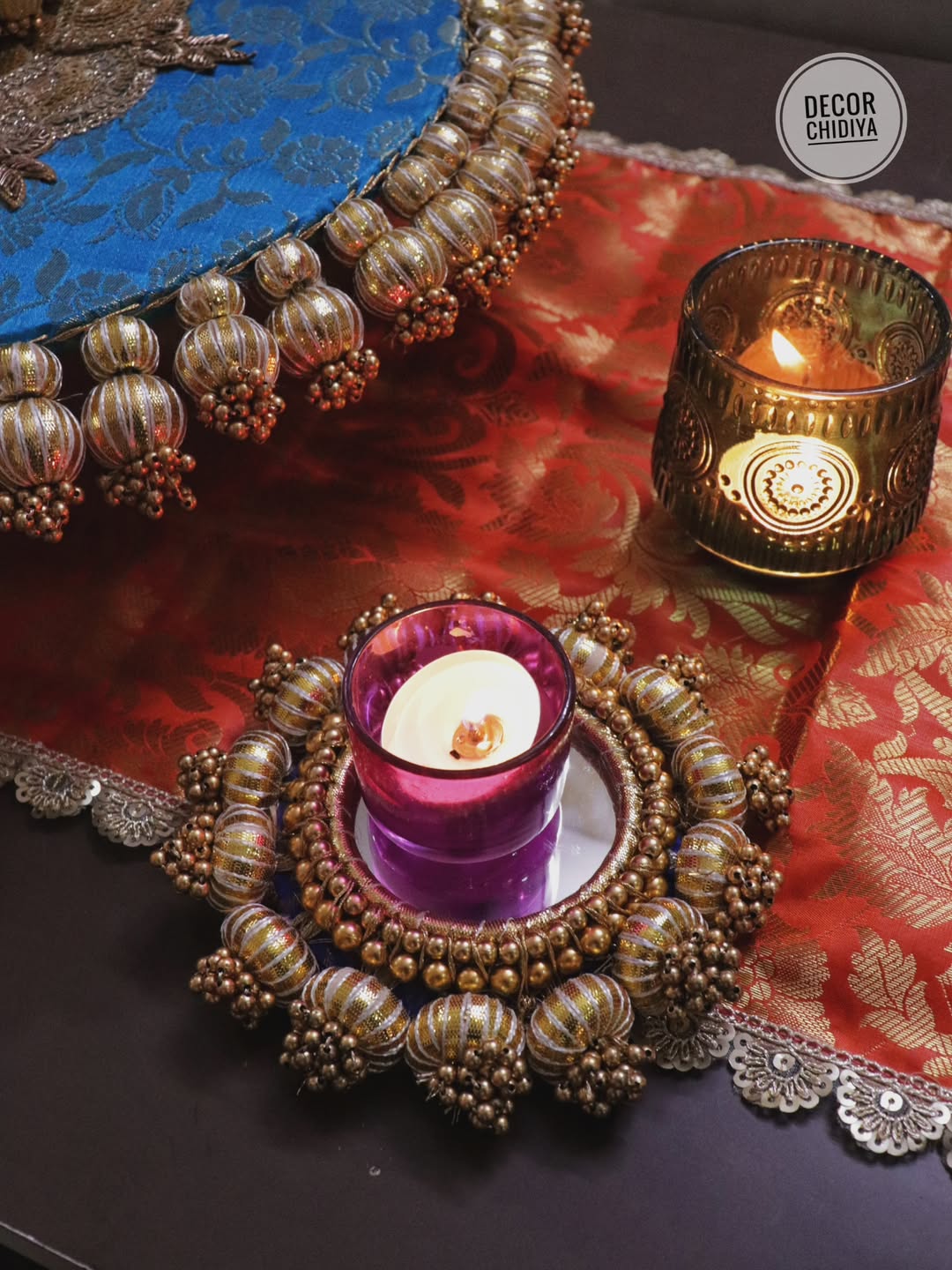 Mandala Coffee Table Decor Set – Orange & Blue Placemat, Runner | Handmade Festive & Pooja Styling