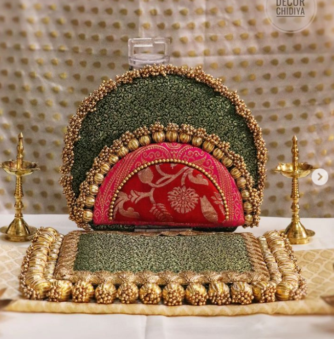 Emerald green brocade and gota patti singhasana