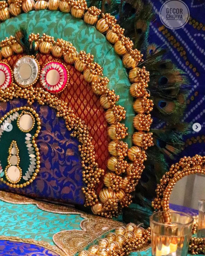 Peacock theme brocade and gota patti singhasana