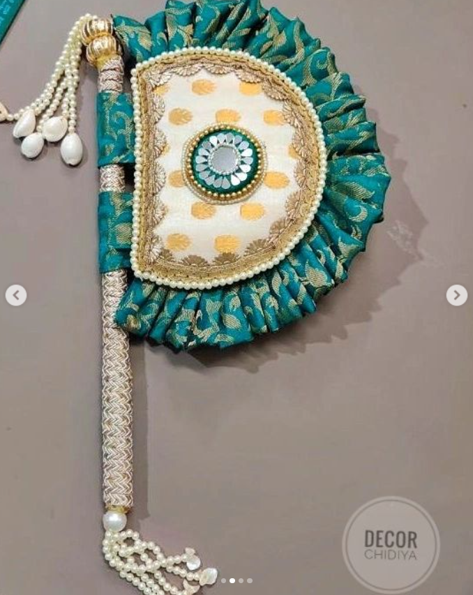 Teal and white Beejana or handfan in Banarasi fabric and mirrorwork detail