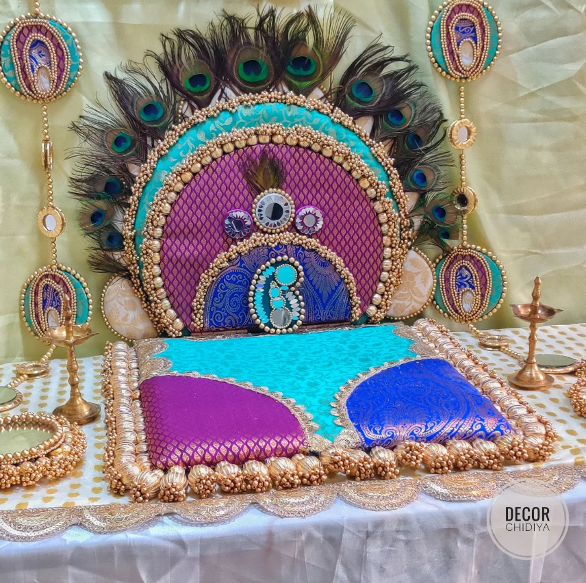 Peacock theme brocade and gota patti singhasana
