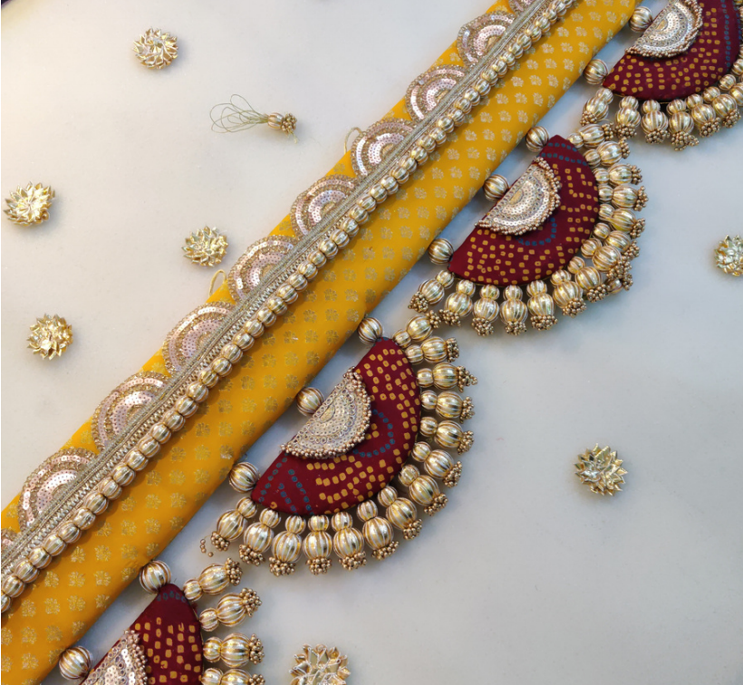 Classic Adhruv or halfmoon Toran - Surajmukhi aur laal- small motifs brocade toran