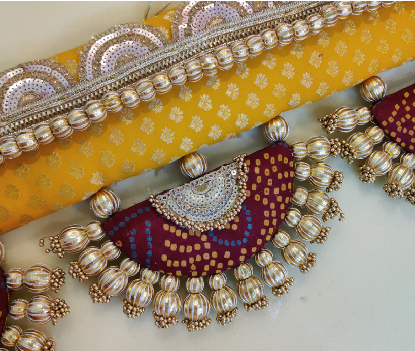 Classic Adhruv or halfmoon Toran - Surajmukhi aur laal- small motifs brocade toran