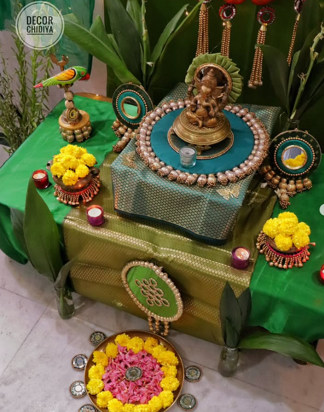 Vrindavan Vibe – Eco-Friendly Green Ganpati Decor Set | Krishna-Inspired Pooja Theme