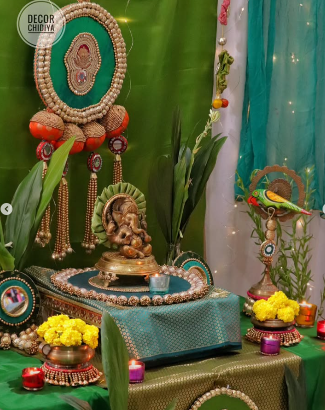 Vrindavan Vibe – Eco-Friendly Green Ganpati Decor Set | Krishna-Inspired Pooja Theme