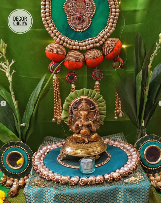 Vrindavan Vibe – Eco-Friendly Green Ganpati Decor Set | Krishna-Inspired Pooja Theme