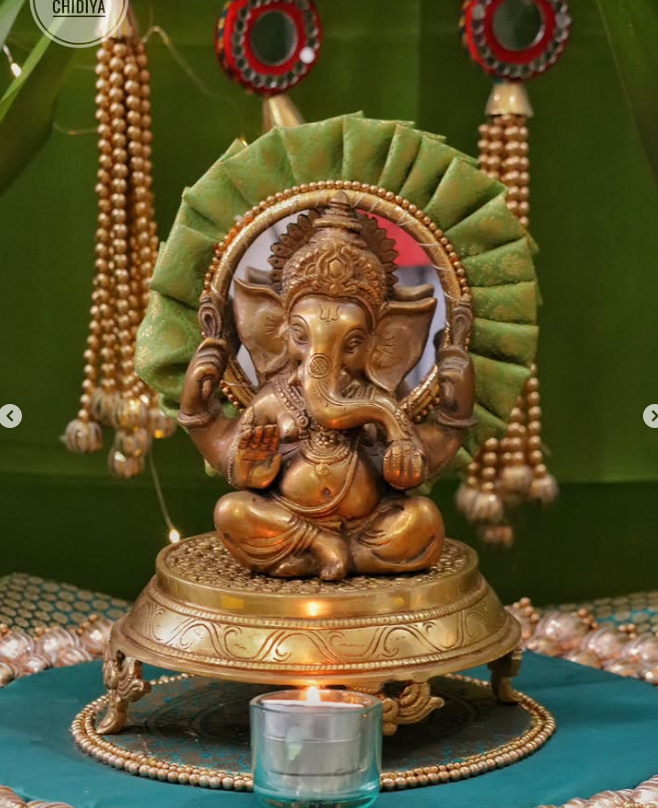 Vrindavan Vibe – Eco-Friendly Green Ganpati Decor Set | Krishna-Inspired Pooja Theme