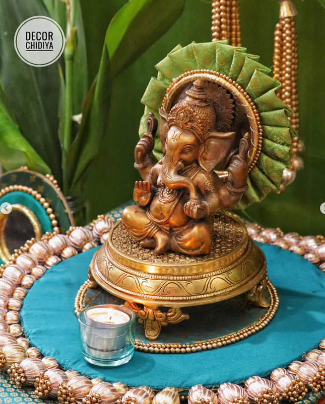 Vrindavan Vibe – Eco-Friendly Green Ganpati Decor Set | Krishna-Inspired Pooja Theme