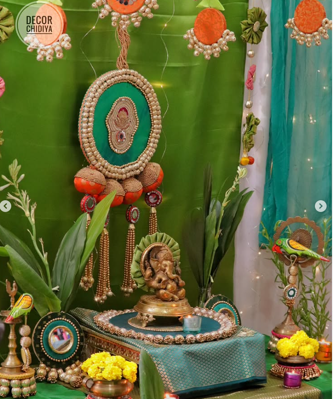Vrindavan Vibe – Eco-Friendly Green Ganpati Decor Set | Krishna-Inspired Pooja Theme