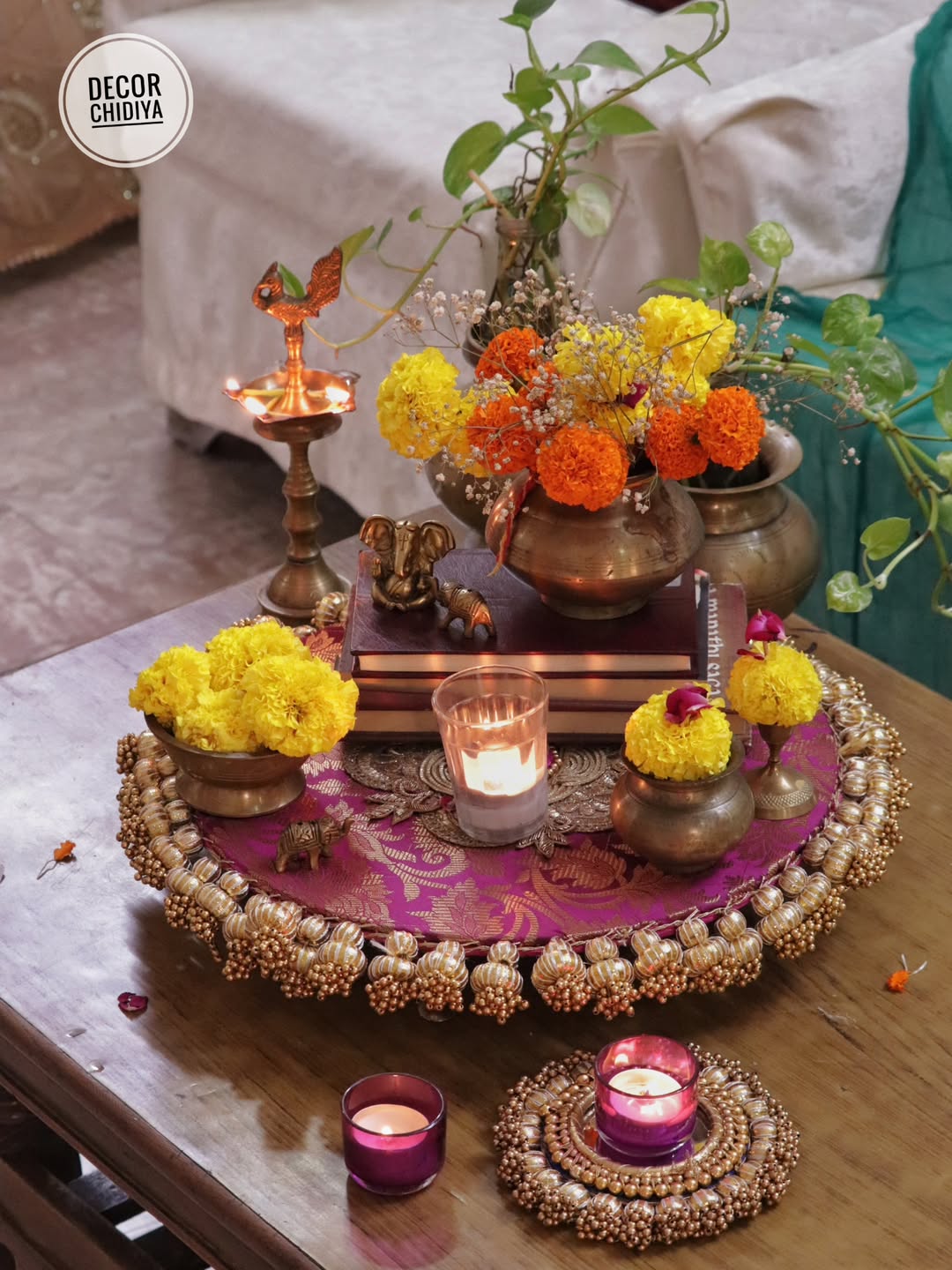 Utsav Coffee Table Decor Set – Yellow, Green & Violet Festive Centerpiece
