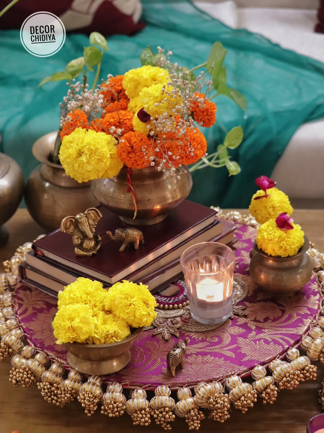 Utsav Coffee Table Decor Set – Yellow, Green & Violet Festive Centerpiece