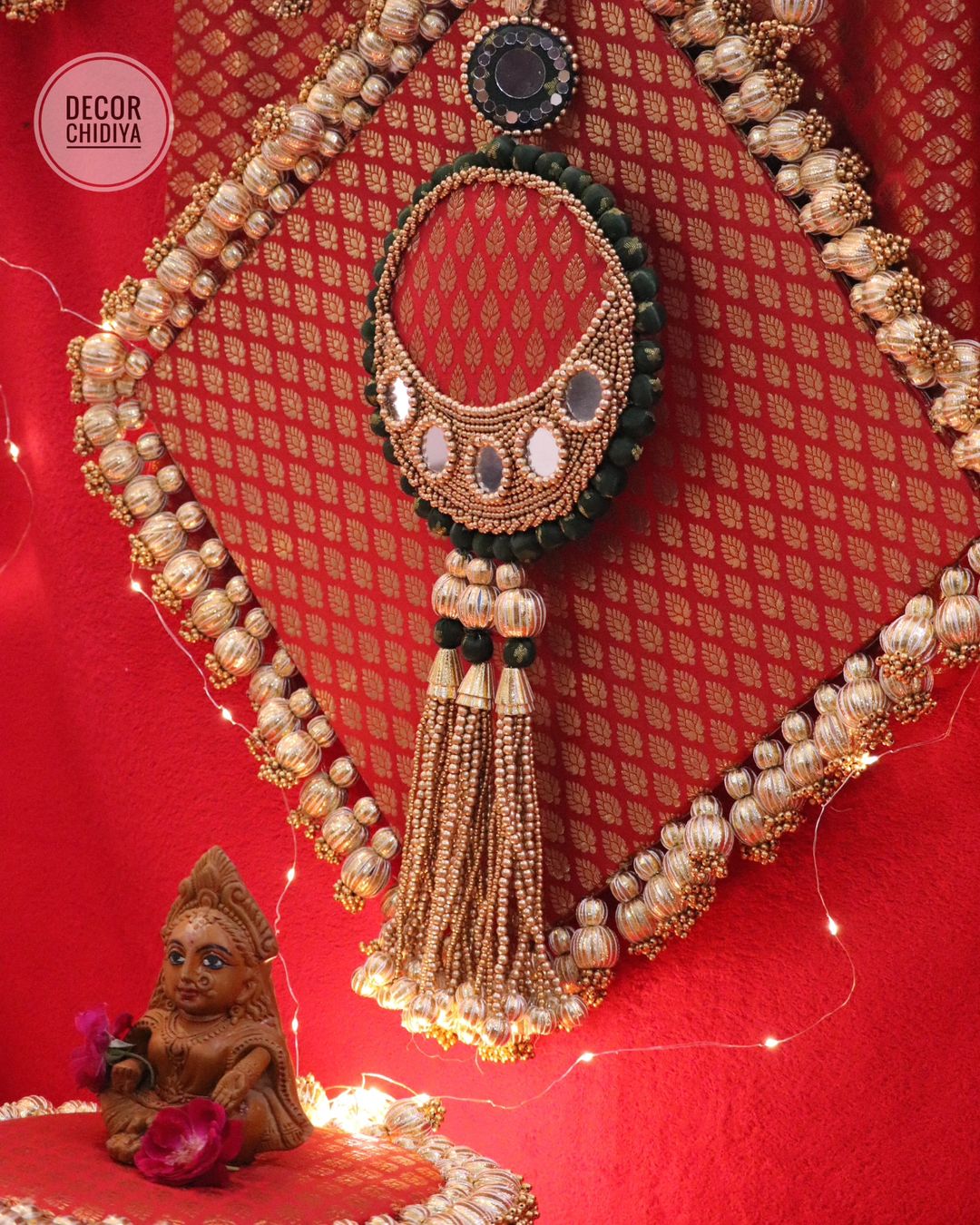 Sindoori Saaj – Traditional red adornment- All red banarasi pooja temple decoration set - Red and gold